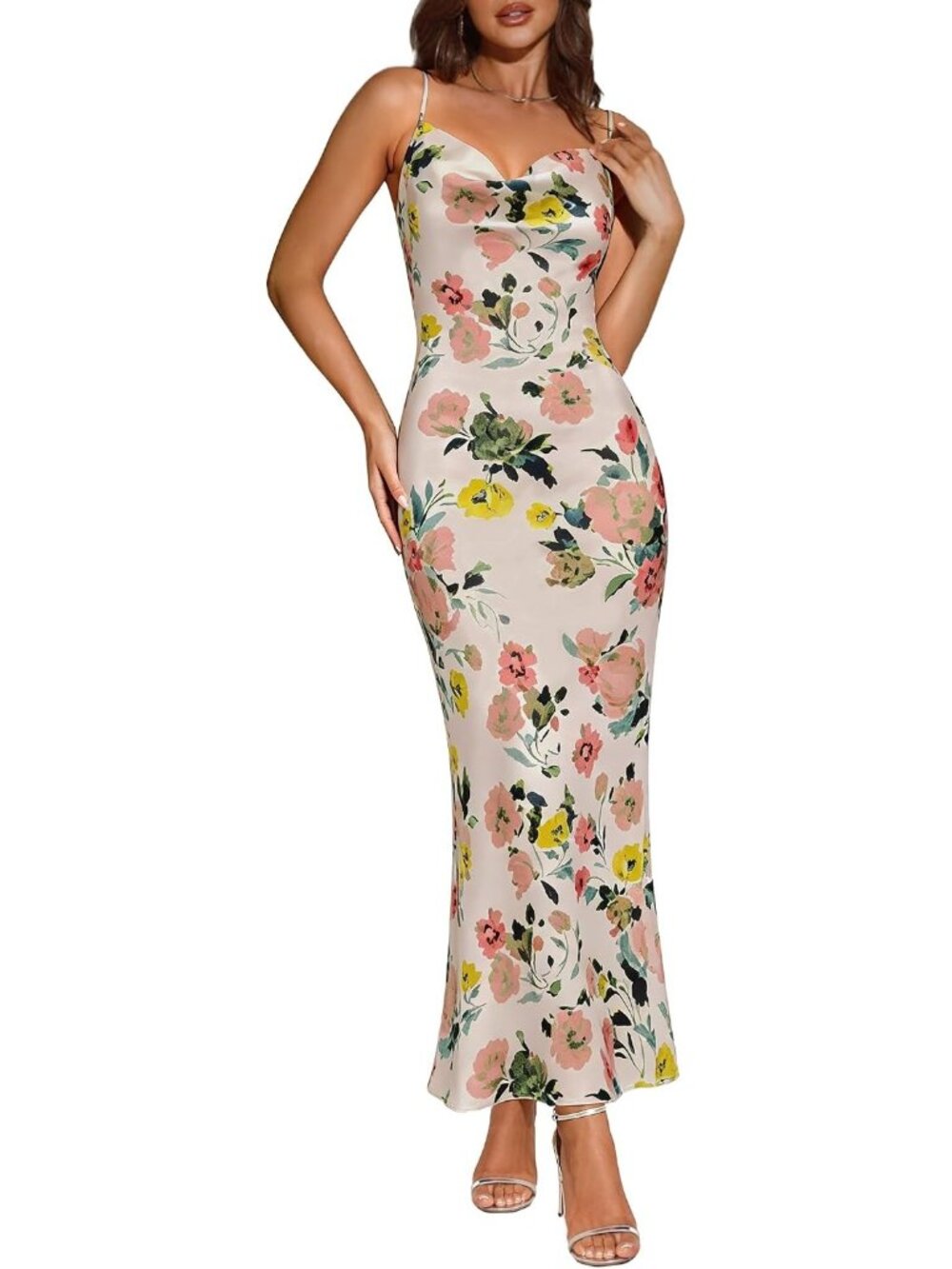 Women's Beige Floral Elegant Cowl Neck Silk Slip Wedding Guest Long Midi Dresses